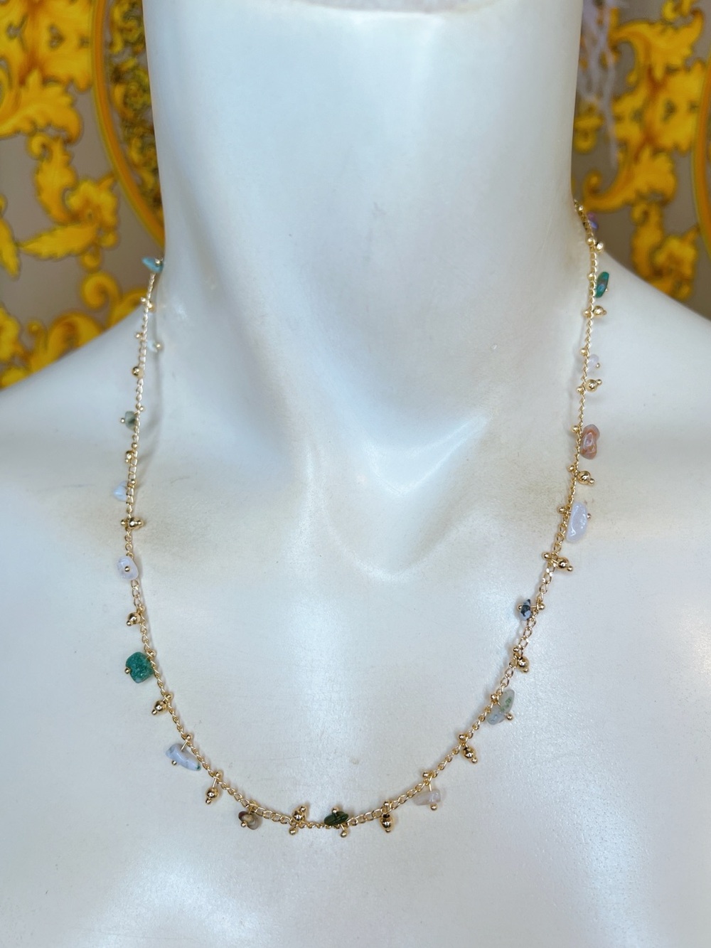 Pink green quartz gemstone 18k yellow gold filled station 16” to 19” necklace